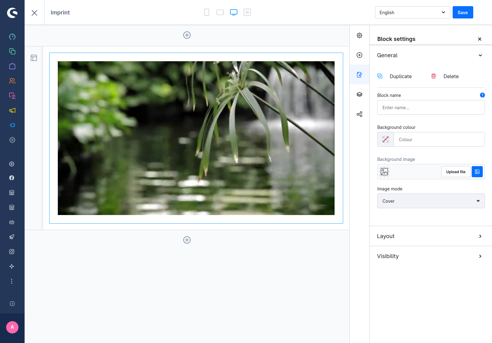 The image shows the Shopware administration's CMS layout editor. The current layout only has one block with a Dailymotion CMS element. The block shows the paused preview of the configured video.